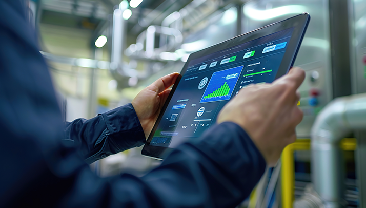 A maintenance tech looks at a tablet showing a diagnostic report from a medical building's automation system