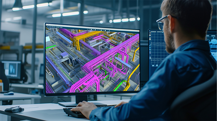 An engineer looks at a CAD/BIM model of a healthcare facility's mechanical, electrical, and plumbing systems